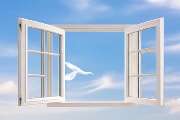 Open Window with Blue Sky and Flowing Fabric