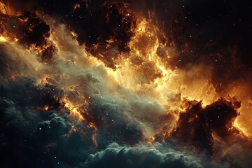 Cosmic Nebula with fiery orange and dark blue clouds.