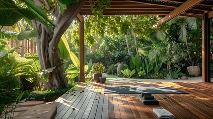 A serene outdoor yoga space with a mat placed on a wooden deck, overlooking a lush garden.