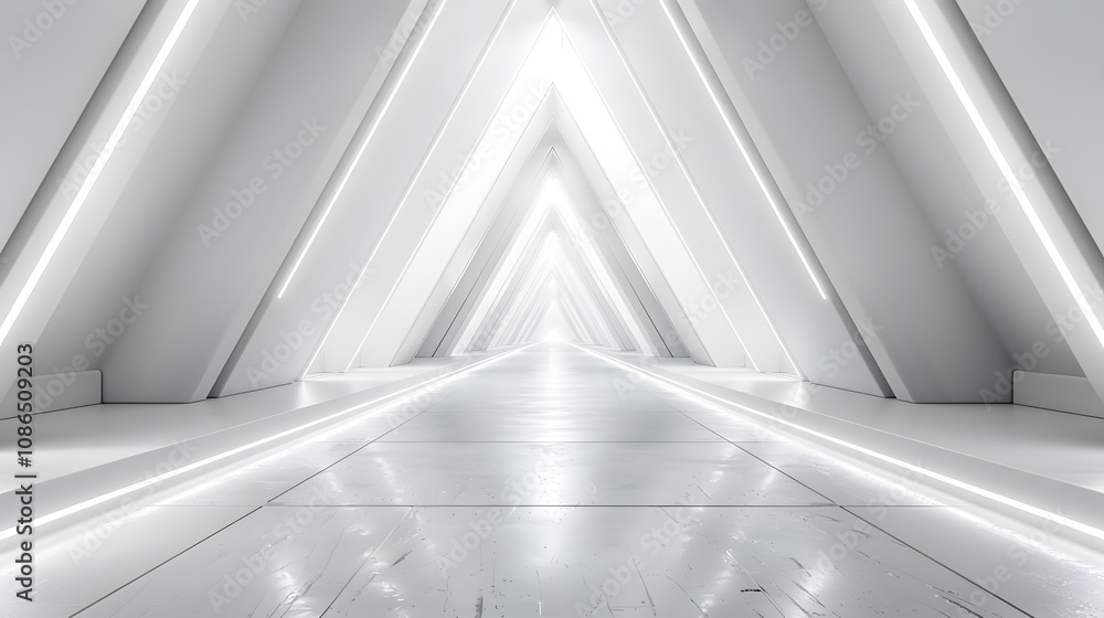 Poster empty long light corridor. modern white background. futuristic sci-fi triangle tunnel. 3d rendering