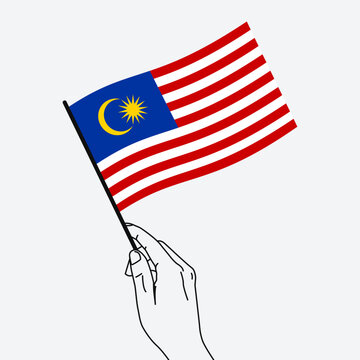 recommend clip art: Hand holding Malaysia flag in line art drawing style. Malaysia hand Flag waving. Vector illustration