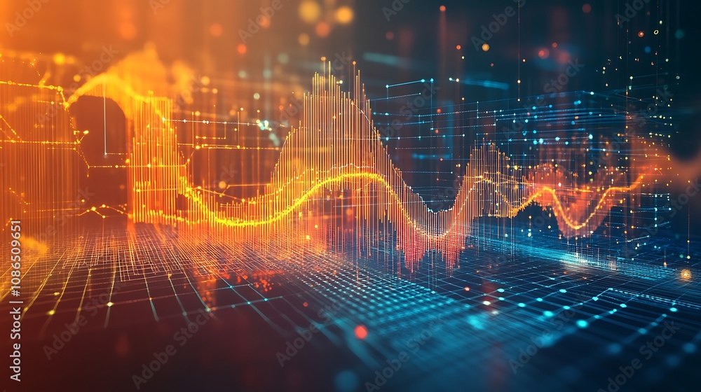 Aufkleber abstract data visualization: dynamic orange and blue digital waveform