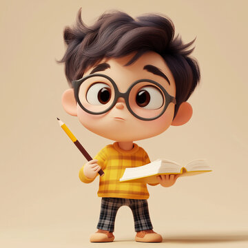 A focused 3D cartoon character taking notes with a penci
