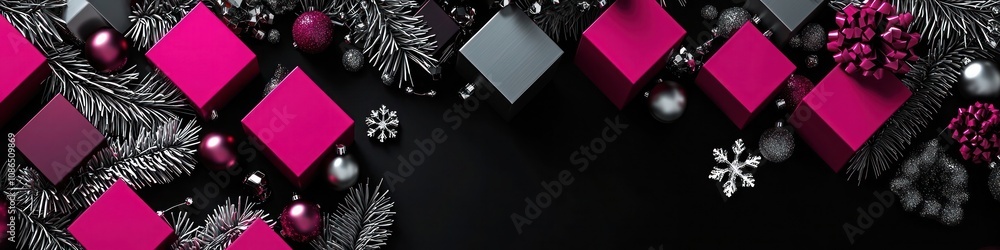 Poster modern christmas layout using a black base with magenta blocks and silver accents, designed with min