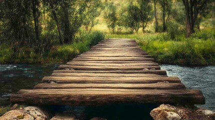 Fototapeta premium Rustic wooden bridge crossing serene river surrounded by greenery