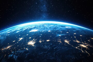 Earth at night from space with bright city lights and the Milky Way.