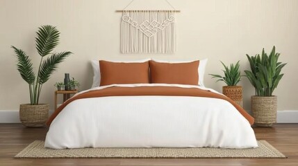 Boho-style bedroom decor with warm hues, layered bedding, textured rugs, macrame wall art, potted plants, soft light, and an inviting space for relaxation