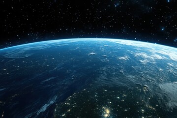 Earth from space at night, showing city lights and a starry sky.