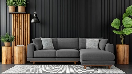 Chic modern interior with gray sofa, dark walls, and wooden elements, spacious and cozy design, perfect for stylish home inspiration