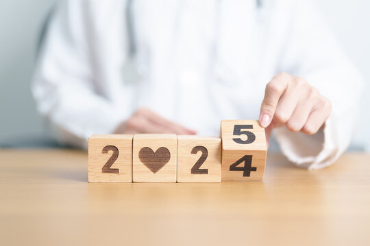2024 end year to Happy New Year 2025 with doctor. health care, Insurance, donation, Wellness and medical concepts
