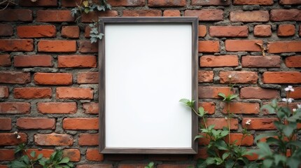 Blank White Frame on Rustic Brick Wall With Greenery