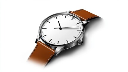 A silver wristwatch with a white face and a brown leather band