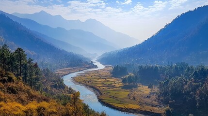 serene river flows through lush valley surrounded by mountains