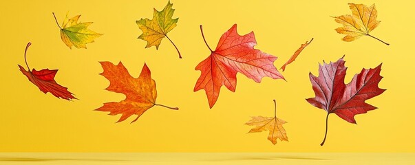 Obraz premium Scattered autumn leaves floating in mid-air, soft yellow backdrop, cozy and nostalgic fall atmosphere, perfect for seasonal designs