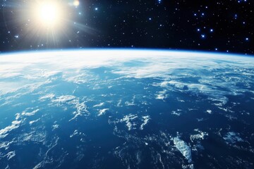 Obraz premium Earth from space with clouds, sun, and stars.