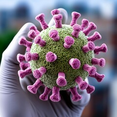 Microscopic Virus Close Up Gloved Hand Holding 3D Render Healthcare