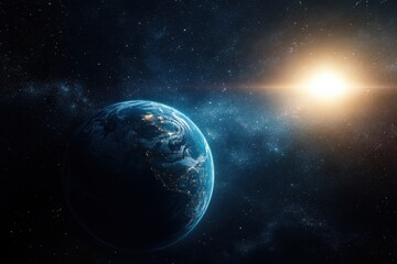 Fototapeta premium Earth from space with the sun shining in the background.