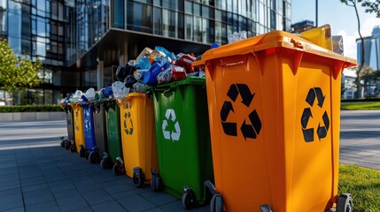 Colorful Recycling Bins Overflowing with Waste in an Urban Setting, Highlighting the Importance of Proper Waste Management and Recycling Practices