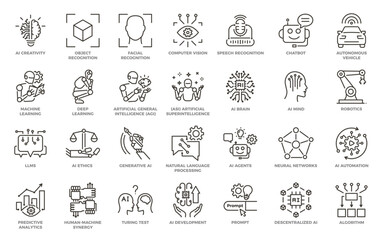 Artificial Intelligence editable thin line icons. AI technology vector graphic elements. Machine learning, autonomous and generative digital tech, algorithms.