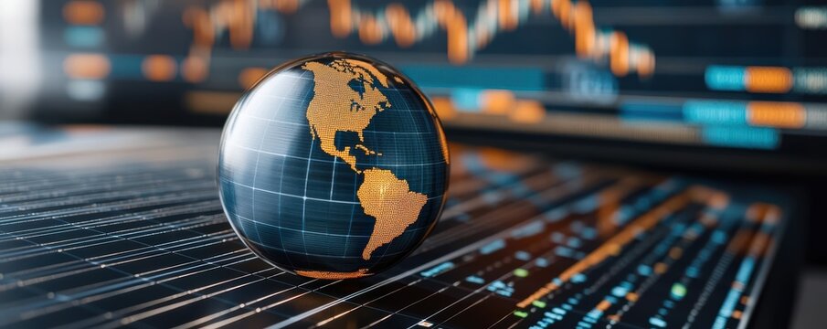 energy stock concept. Globe with solar panels and stock graphs overlay, renewable energy market analysis, investment opportunity