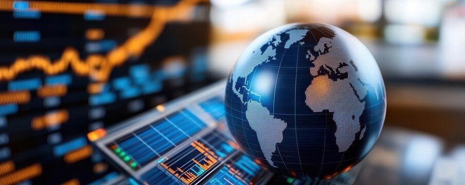 energy stock concept. Globe with solar panels and stock graphs overlay, renewable energy market analysis, investment opportunity
