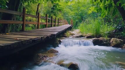 Obraz premium serene river scene featuring wooden bridge surrounded by lush greenery