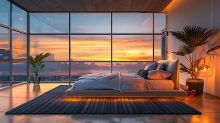 Dark bedroom interior with panoramic windows, with bright night lighting and sunset