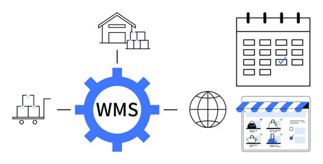 Warehouse icon, cart with boxes, cog labeled WMS, globe icon, calendar with checkmark, online store interface. Ideal for logistics, inventory management, supply chain order processing retail
