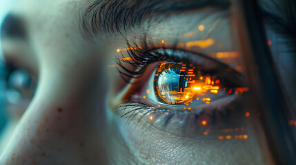 Futuristic females bionic eye close up shot. Data is reflected on the retina, data science communication future technology concept