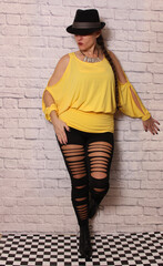 Woman Wearing Vintage 1980s Style Clothing Yellow and Black