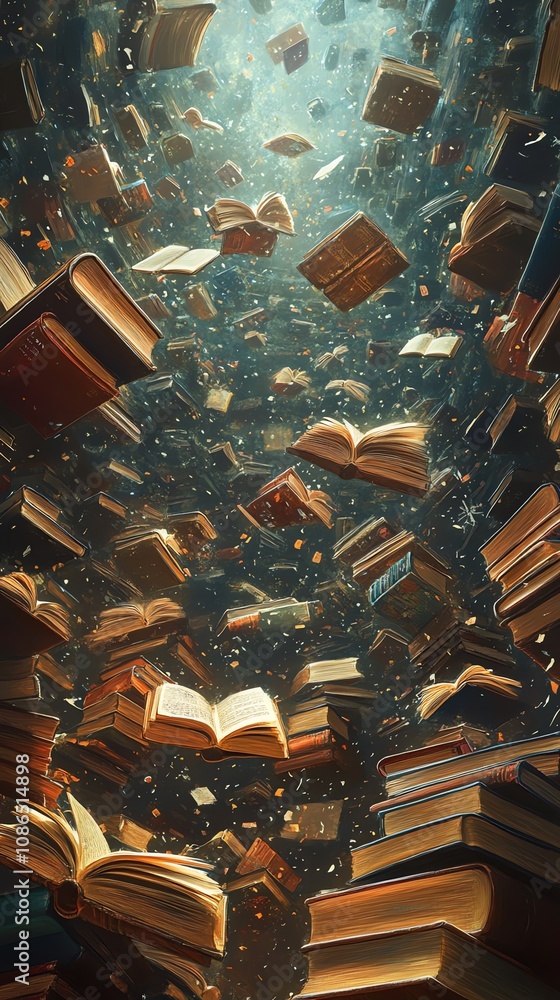 Poster a swirling vortex of books ascending into a bright light, symbolizing the power of knowledge and ima