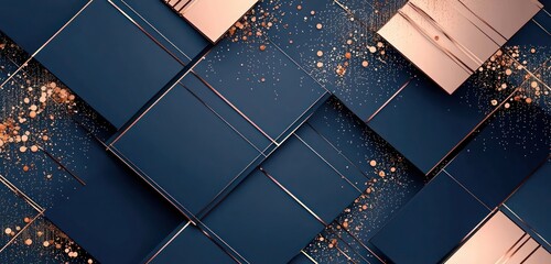 Navy blue and rose gold color blocks in an asymmetric layout, with thin rose gold lines adding a luxurious touch to this modern holiday design.