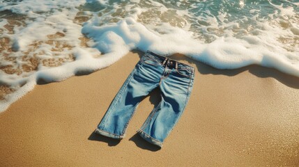 Fototapeta premium a single pair of jeans laid out in the sand, with ocean waves rolling in the background, celebrating National Blue Jeans Day, 