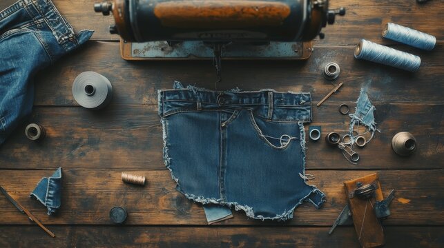 a vintage sewing machine surrounded by scraps of denim, spools of thread, and a half-stitched pair of jeans, celebrating National Blue Jeans Day,