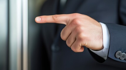 Obraz premium A man's hand in a suit pointing directly at the camera, with a blurred background.
