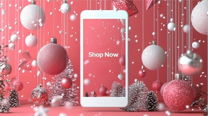 A festive mobile display featuring holiday ornaments and a "Shop Now" call to action, set against a vibrant pink background.
