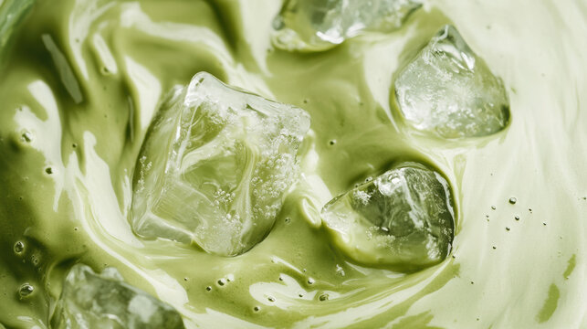 Close up of green iced matcha latte with creamy swirls and ice cubes