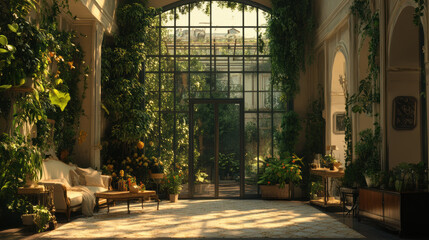 Chic and cozy photorealistic cinema interior with climbing plants, large glass wall, and street