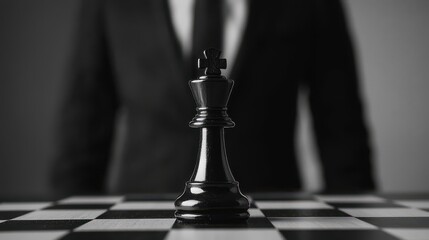 A monochrome image featuring a black chess king piece in focus, with a suited figure blurred in the background, symbolizing strategy and power.