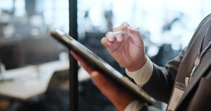 Hands, businessman and tablet with pen for networking, connection and scroll on app in office. Male person, technology and communication for online, website and pr for corporate as community manager