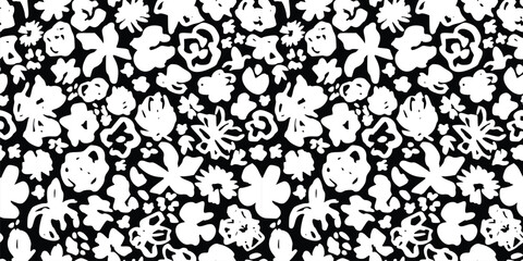 Abstract Black, White Floral Pattern with Ink Hand Drawn Flowers. Monochrome Freehand Ditsy Chamomile, Peony, Rose, Bloom Wallpaper. Pretty Brush Stroke Flower Seamless Pattern. Tropical Foliage Print