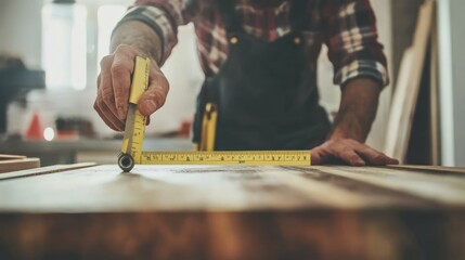 A carpenter uses a tape measure to take precise measurements on a wooden board.