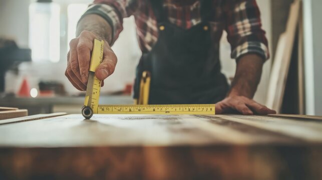 A carpenter uses a tape measure to take precise measurements on a wooden board.