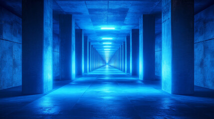 A futuristic spaceship hallway glows blue.  Electric lasers illuminate a dark, concrete tunnel with pillars.  It's a 3D image.