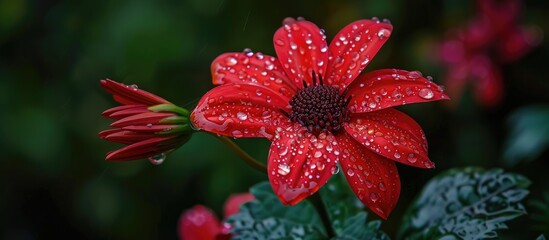 Dewy Red Flower After Rain