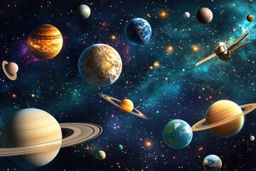 Planets, stars, and a satellite in space.