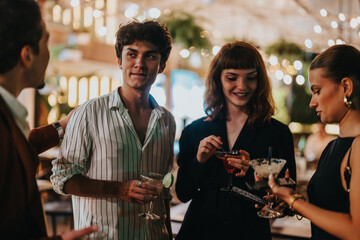 A group of friends socializing at a stylish venue, enjoying cocktails and lively conversation during a night out. The setting is filled with warm lighting and a festive atmosphere.