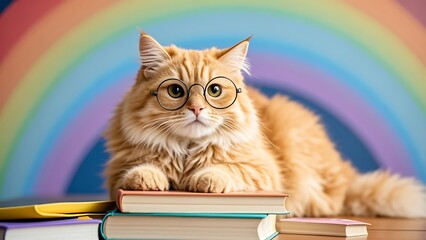 Cute ginger cat wearing glasses rests on books against a rainbow backdrop.