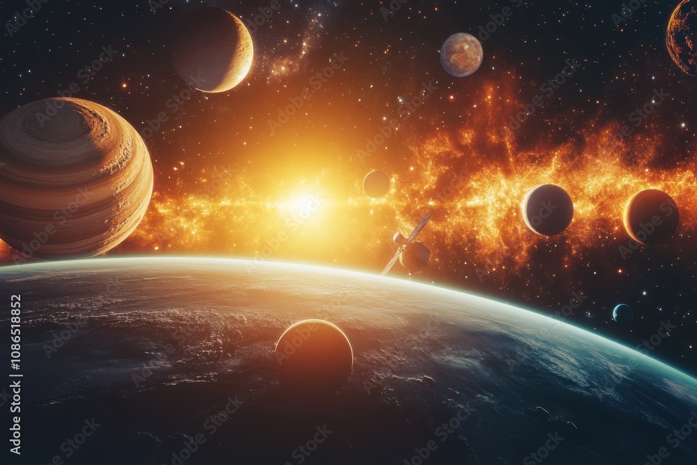 Aufkleber spacecraft orbits a planet with multiple moons in a nebula.