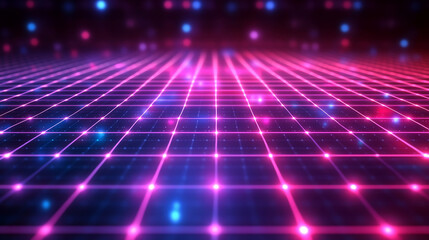 Pink and blue glowing lines creating a grid pattern, perfect for abstract backgrounds, futuristic designs, technology concepts, and digital artwork. Generated AI